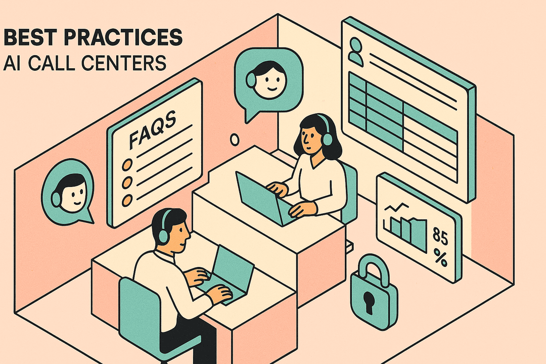 A modern call center with AI-driven dashboards, agents collaborating with virtual assistants.