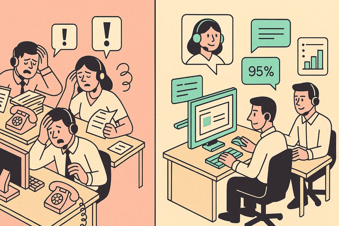 A modern call center environment featuring both human agents and AI-powered virtual assistants working together.