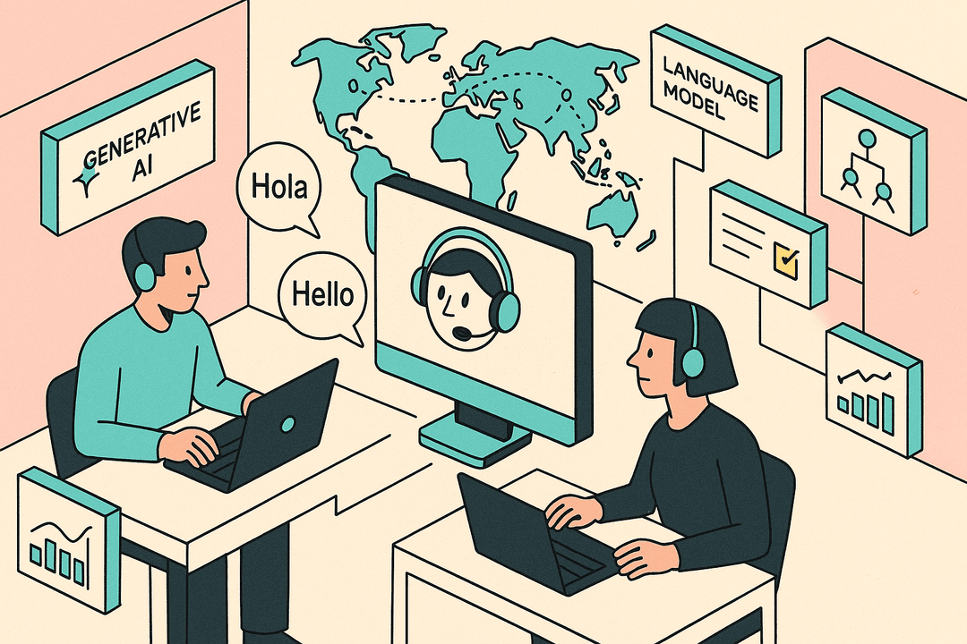 A futuristic call center environment with AI-powered digital assistants, multilingual voice interfaces.