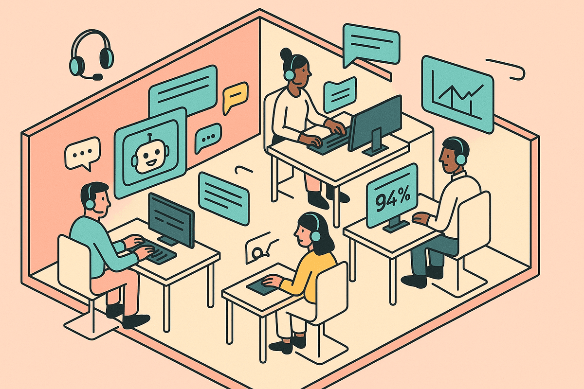 A modern call center office with diverse agents and digital screens showing AI-powered chatbots, real-time analytics, and customer satisfaction metrics.