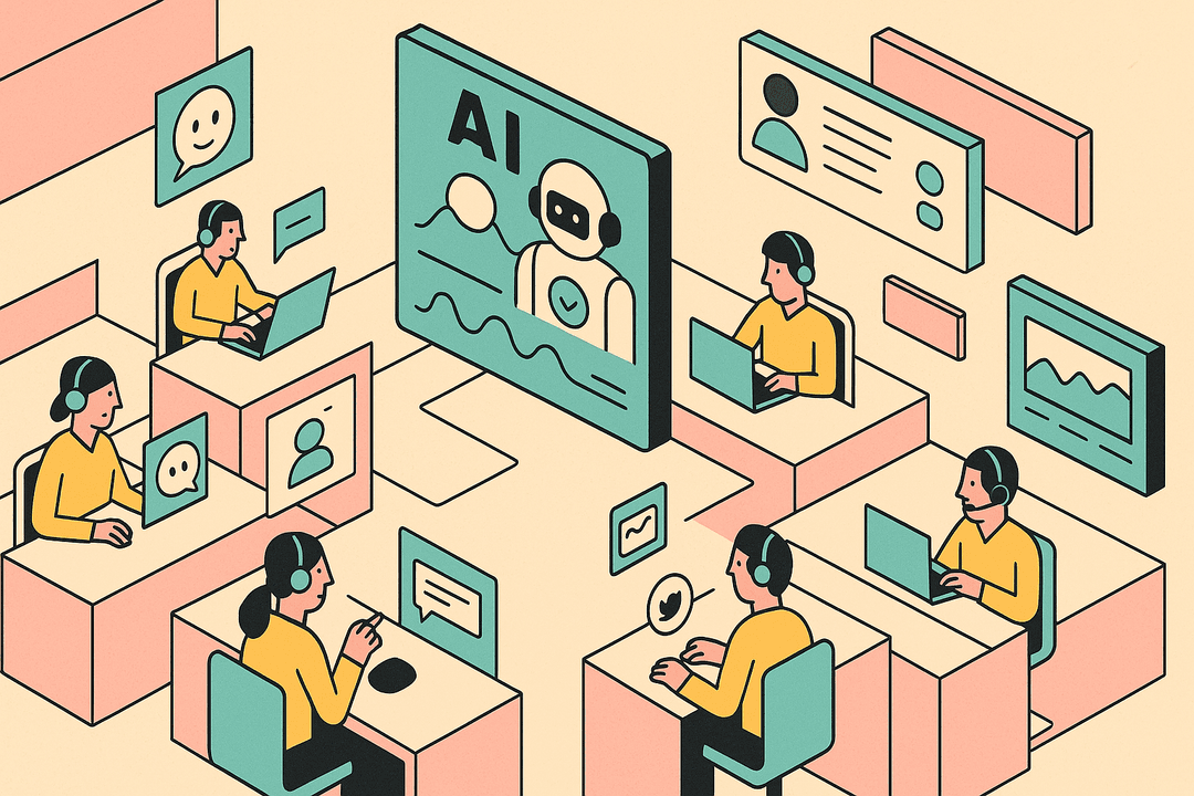 Wide view of a futuristic call center floor with digital screens showing real-time AI analytics.