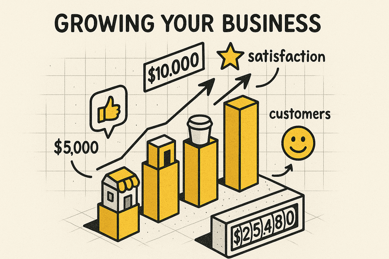 Business growth dashboard showing increased revenue and customer satisfaction